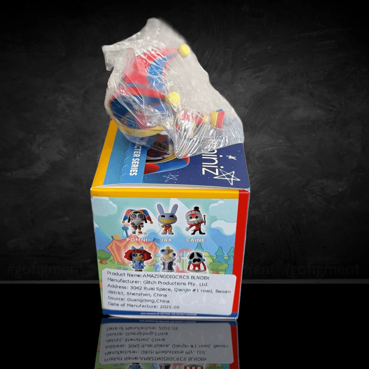 Pomni figure from The Amazing Digital Circus by Glitch, featuring colorful jester outfit with pinwheel pupils in sealed bag.