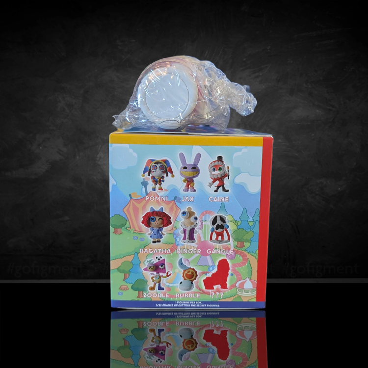 Glitch Amazing Digital Circus blind box showing collectible character options with wrapped figure on top against dark background