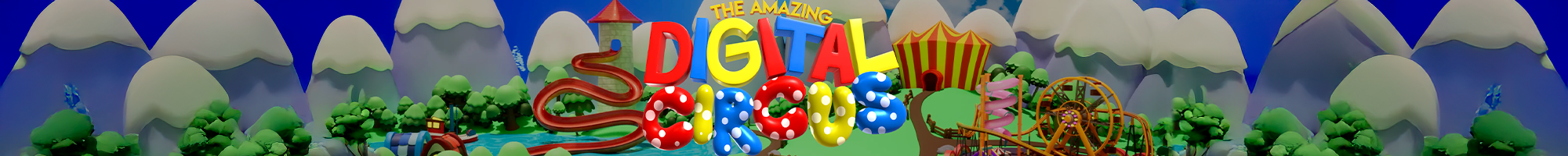 Colorful 3D digital amusement park logo with roller coaster tracks, green trees, and snowy mountains in the background