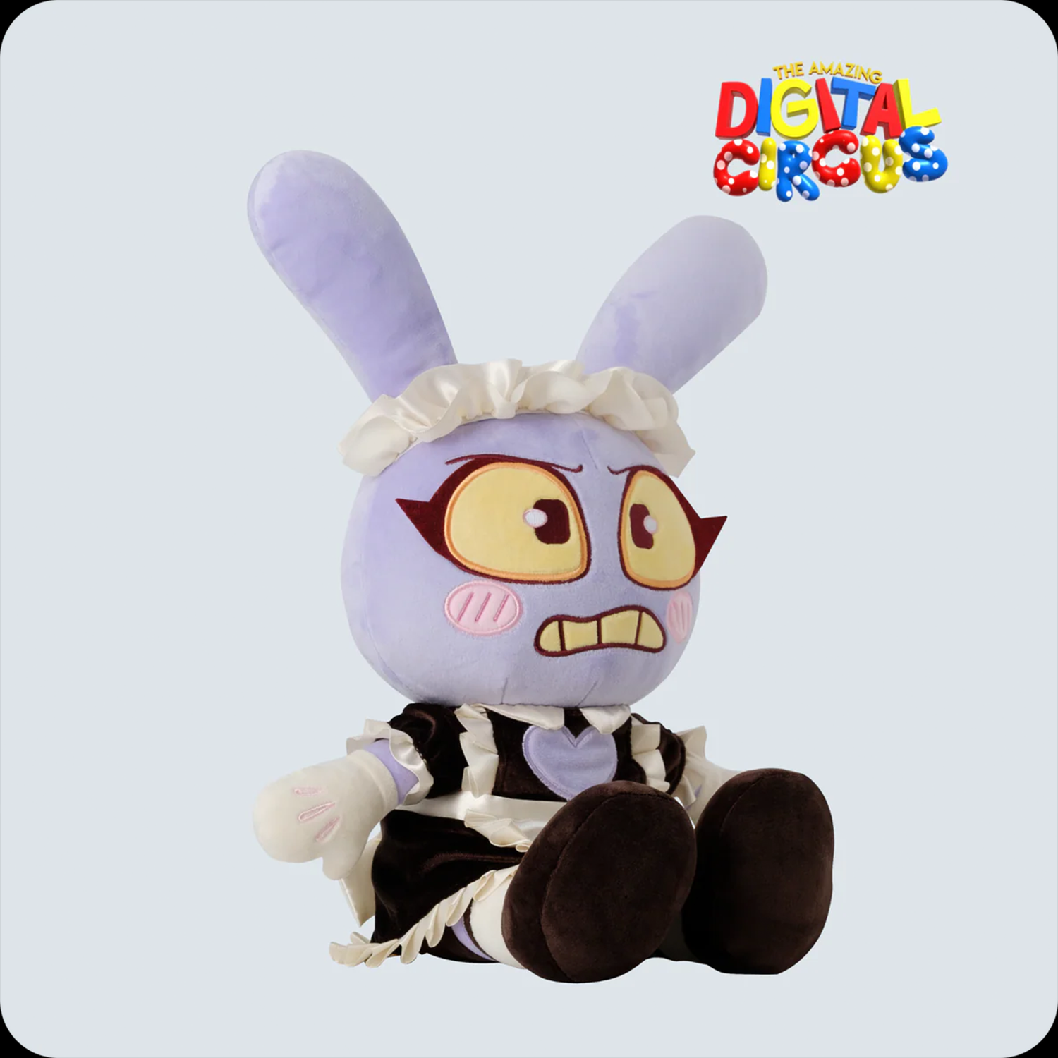 Lavender plush character wearing a black and white maid outfit with a frilled headband sitting against a light background.