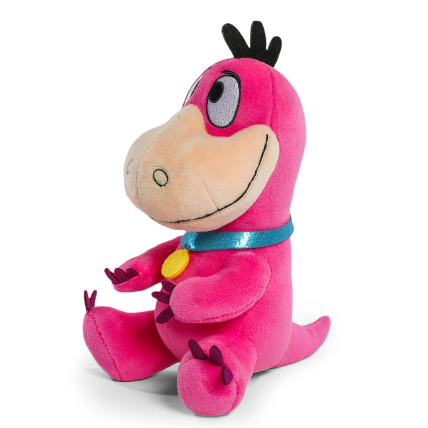 Authentic Flintstones Dino 7.5-Inch Phunny Plush: Cuddly Stone Age Companion by Kidrobot in bright pink fabric seated pose