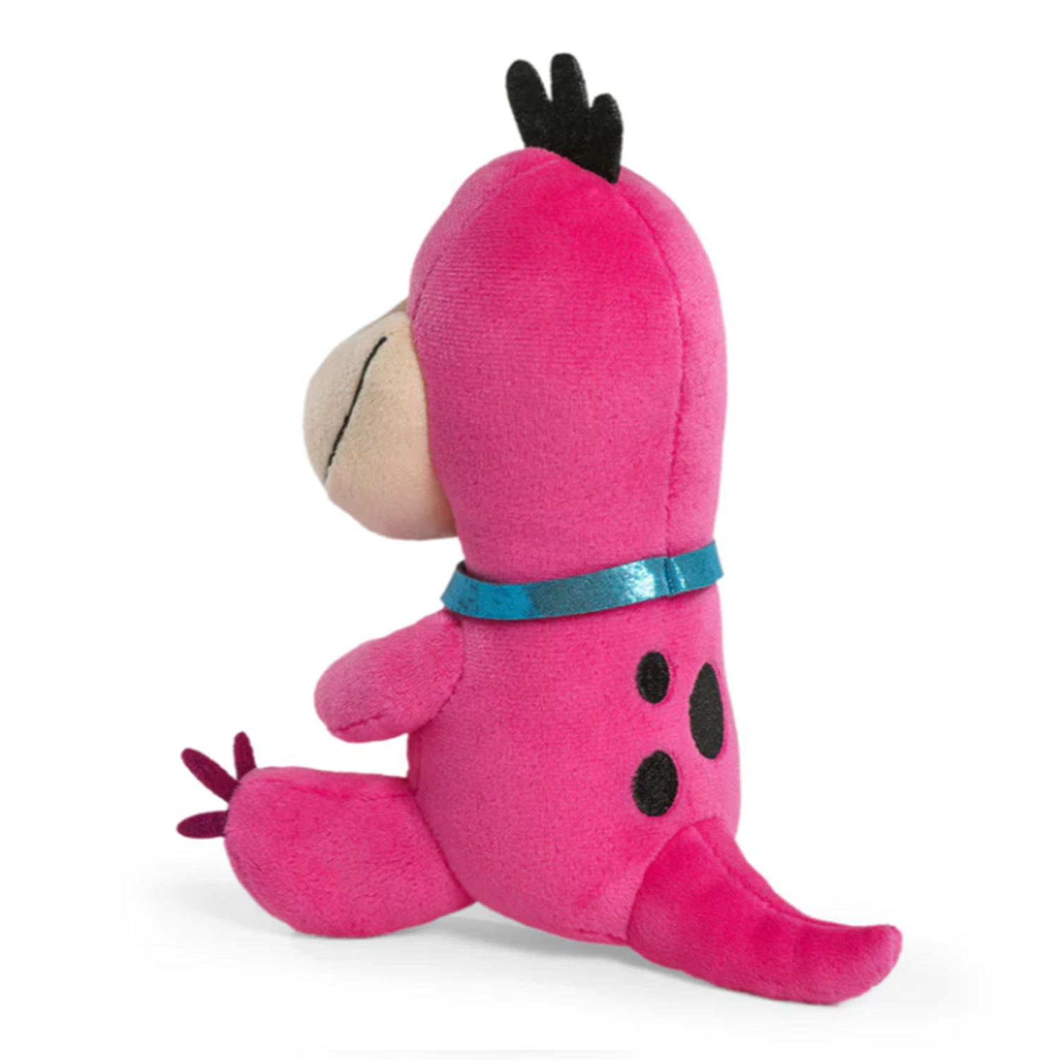 Authentic Flintstones Dino 7.5-Inch Phunny Plush: Cuddly Stone Age Companion by Kidrobot in vibrant pink sitting with blue collar and black spots