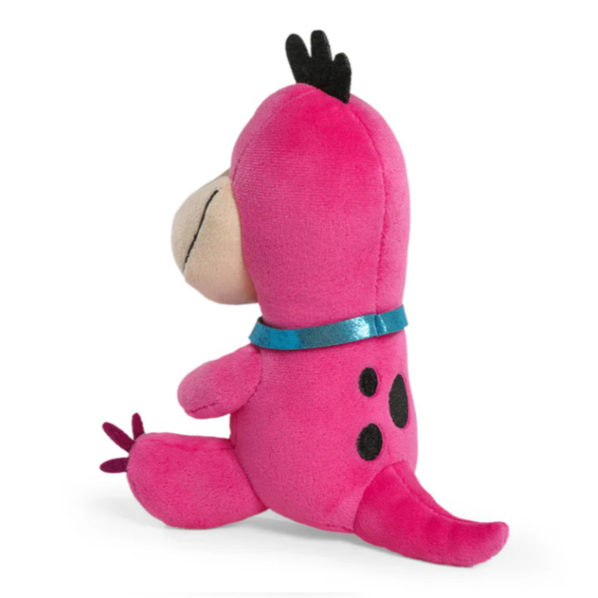 Authentic Flintstones Dino 7.5-Inch Phunny Plush: Cuddly Stone Age Companion by Kidrobot in vibrant pink sitting with blue collar and black spots