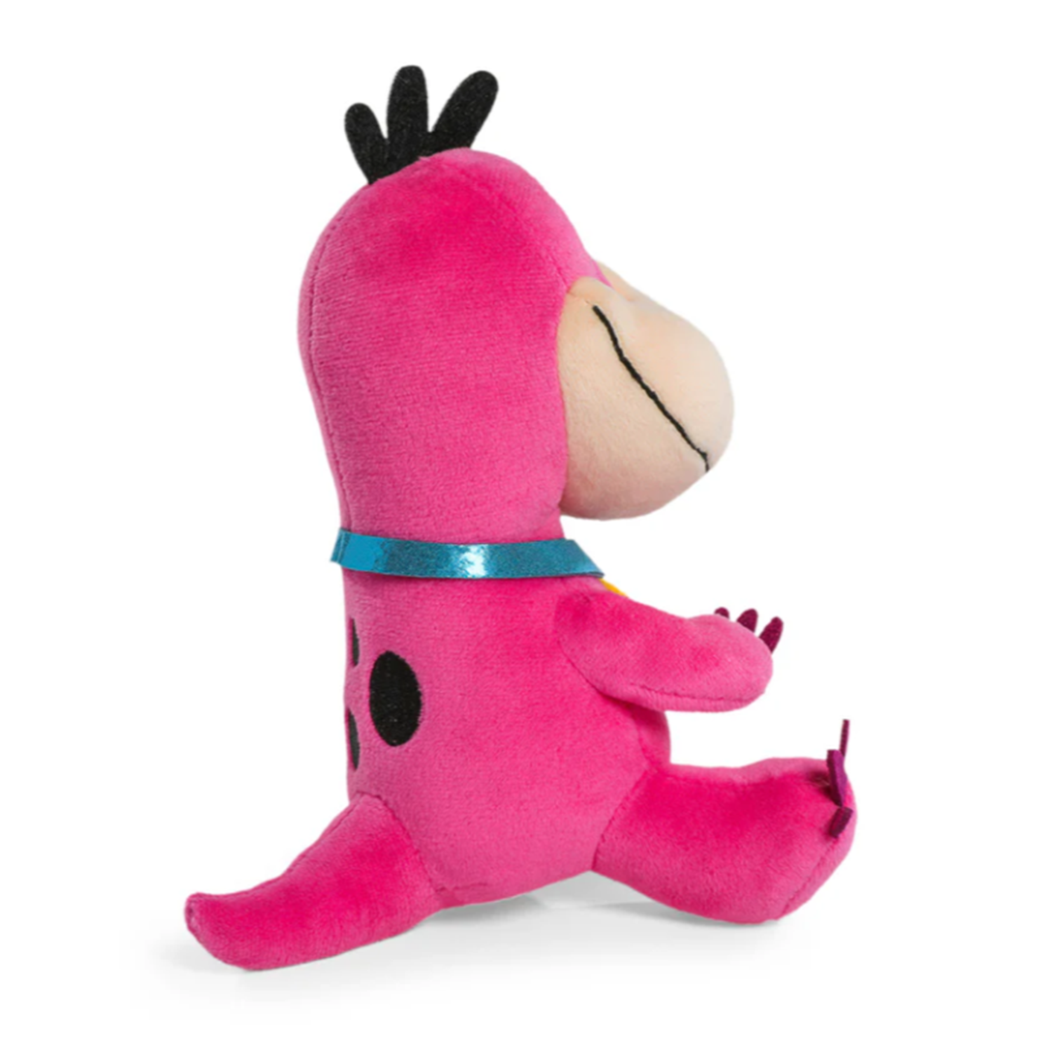 Authentic Flintstones Dino 7.5-Inch Phunny Plush: Cuddly Stone Age Companion by Kidrobot in pink sitting with blue collar and black spots