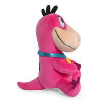 Authentic Flintstones Dino 7.5-Inch Phunny Plush: Cuddly Stone Age Companion by Kidrobot sitting sideways with bright pink fabric