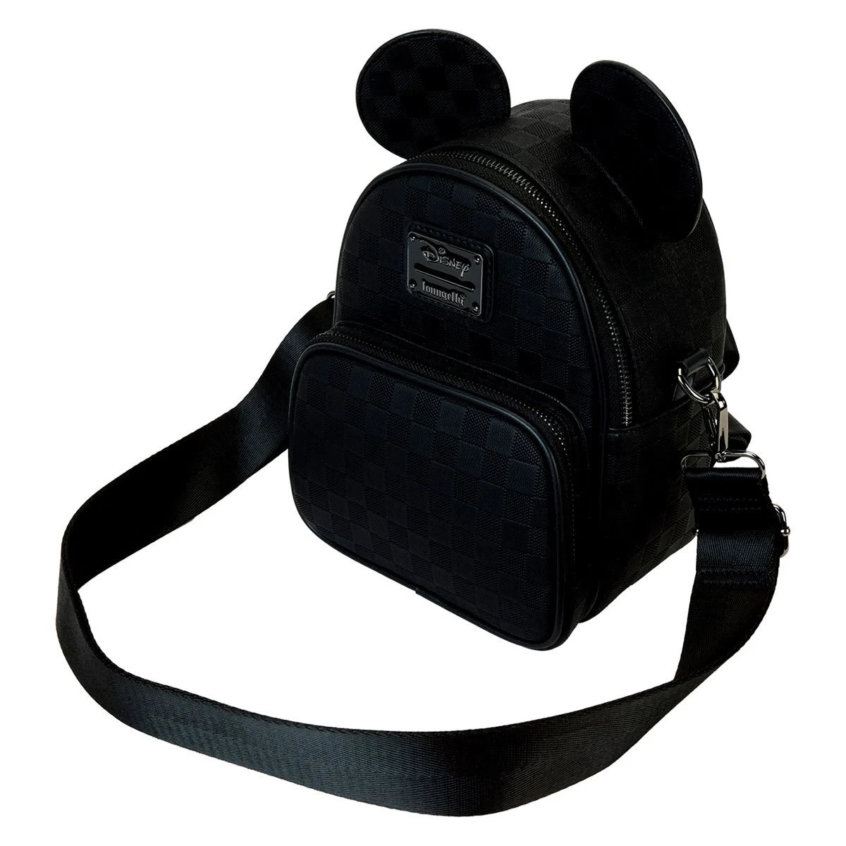 Loungefly black Disney Mickey Ear checkerboard mini convertible crossbody backpack with ears and front zip pocket