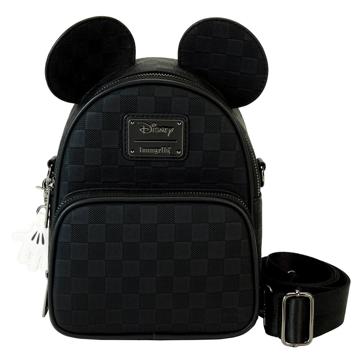 Disney Loungefly black checkerboard mini backpack with Mickey ears and white glove zipper charm