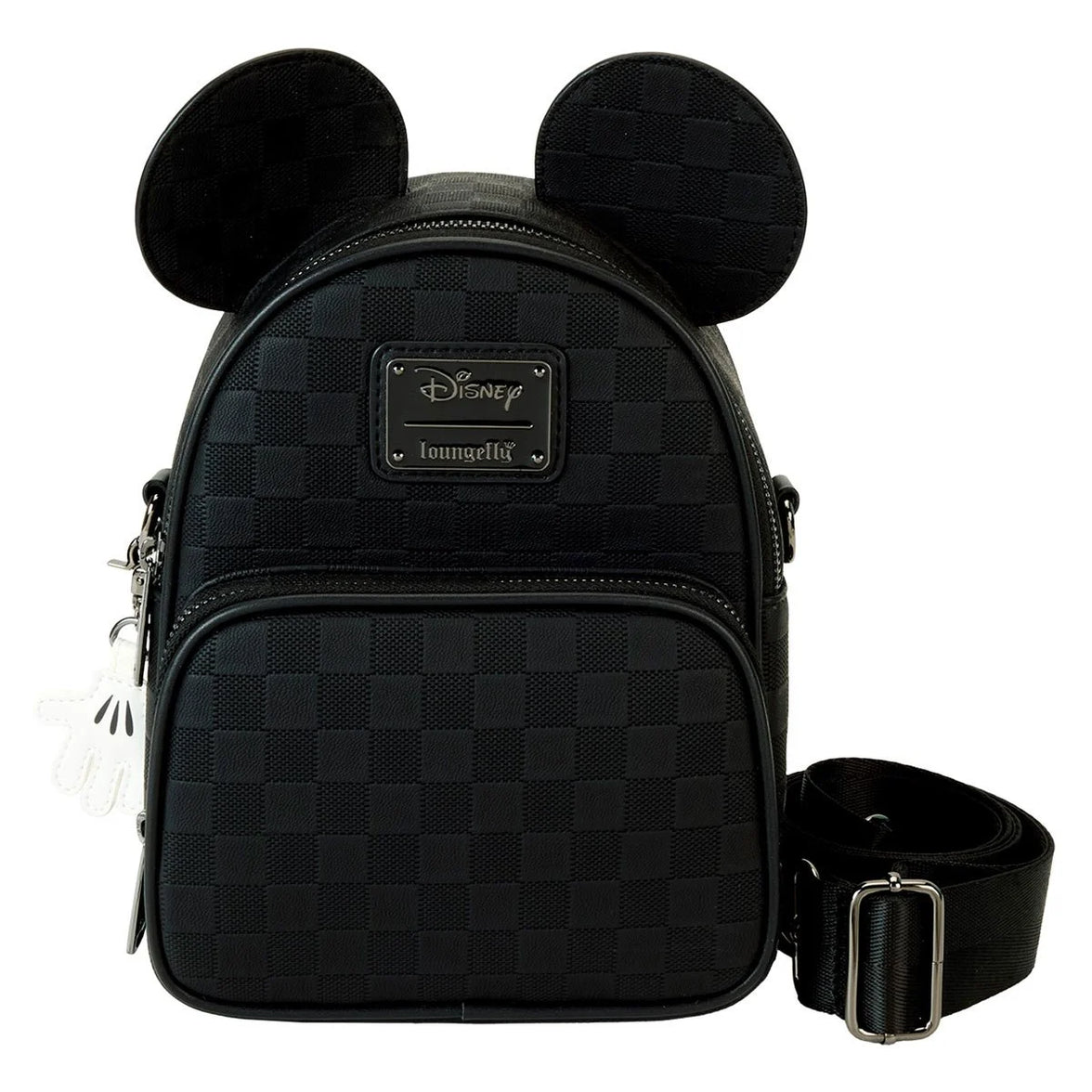 Disney Loungefly black checkerboard mini backpack with Mickey ears and white glove zipper charm