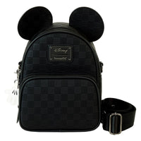 Disney Loungefly black checkerboard mini backpack with Mickey ears and white glove zipper charm