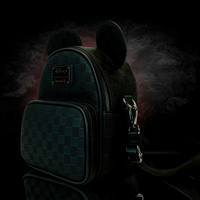 Disney Loungefly Mickey Ear checkerboard mini convertible crossbody backpack in black with zipper and front pocket
