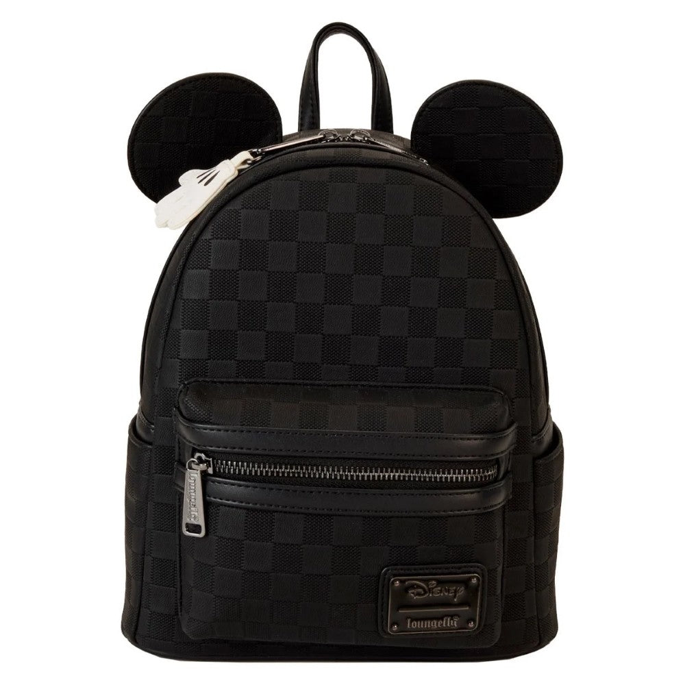 Black checkerboard Disney Mickey Ear mini backpack by Loungefly with zipper front pocket and iconic ears