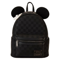 Black checkerboard Disney Mickey Ear mini backpack by Loungefly with zipper front pocket and iconic ears