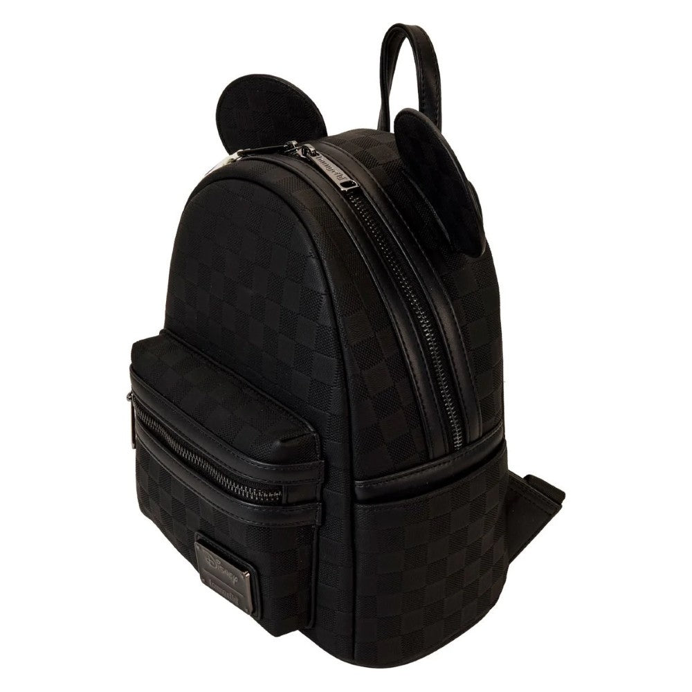 Loungefly Disney Mickey Ear mini backpack with black checkerboard pattern and zipper pouch front pocket