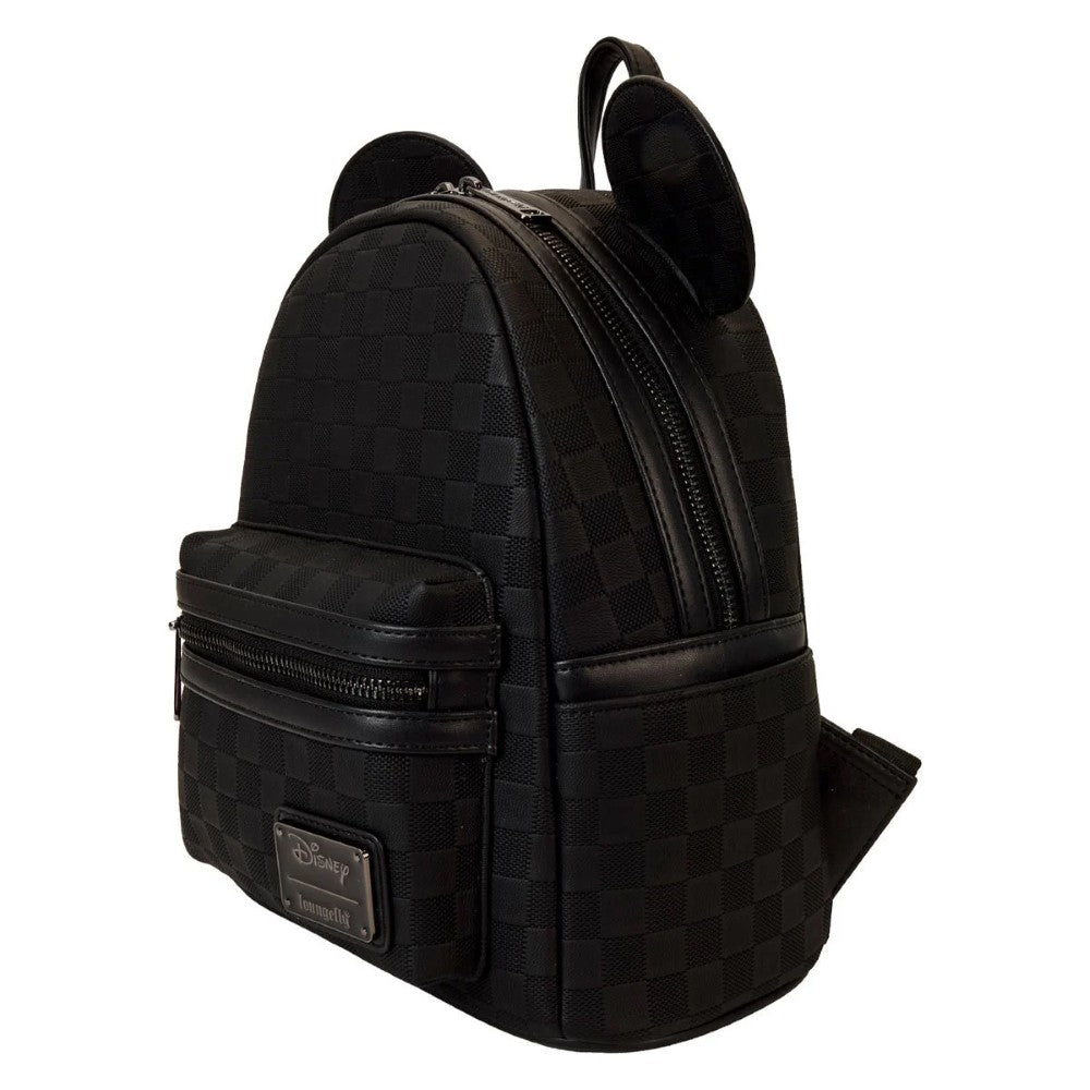 Loungefly Disney Mickey Ear mini backpack in black checkerboard pattern with front pocket and zipper closure