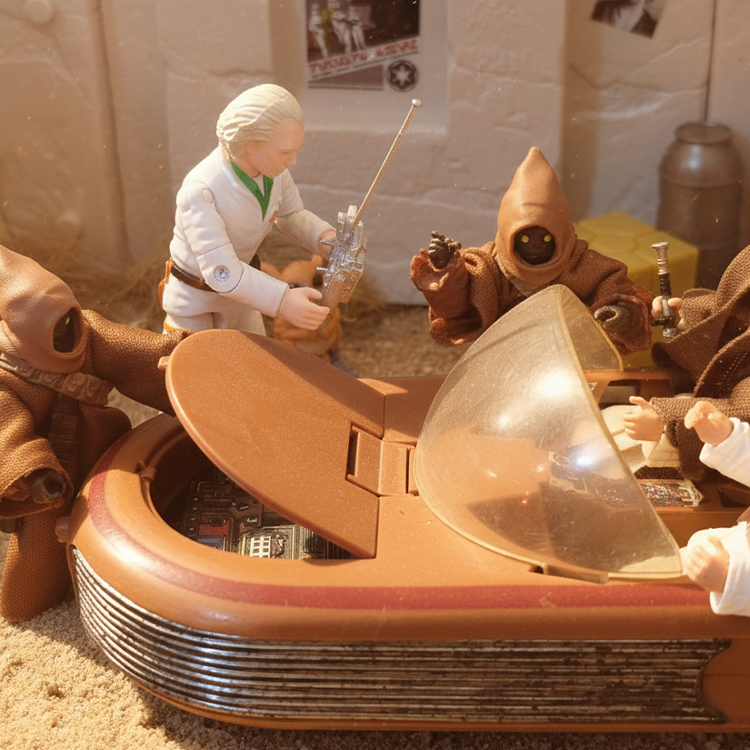Super7 Star Wars Jawa and Luke Skywalker figures with detailed landspeeder vehicle in desert diorama scene