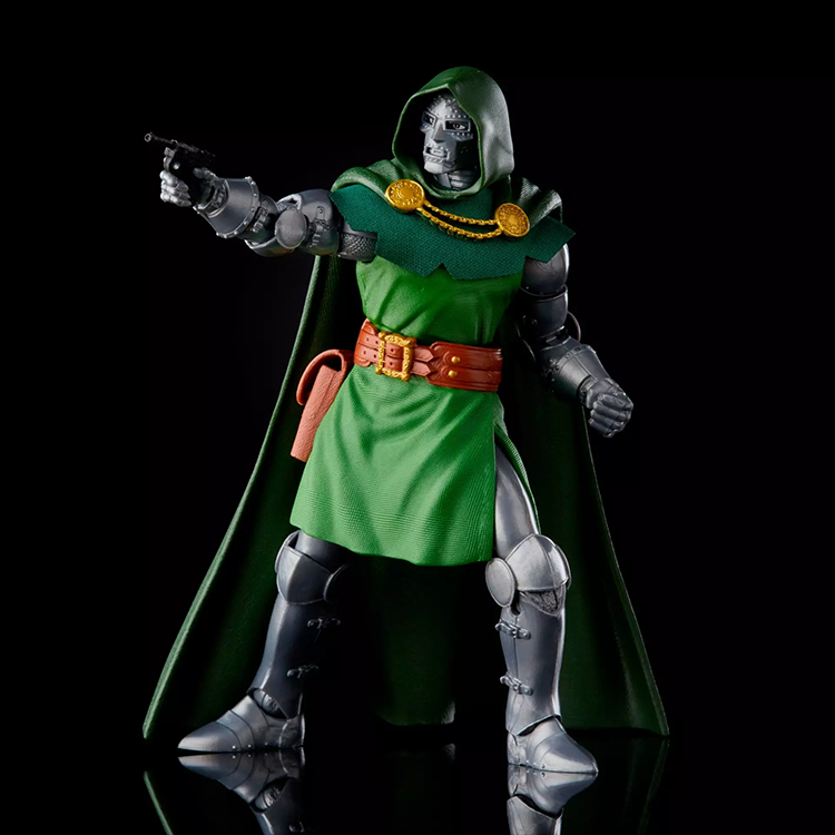 Marvel Legends Series Dr. Doom action figure by Hasbro in vintage green cape and armor with pistol pose