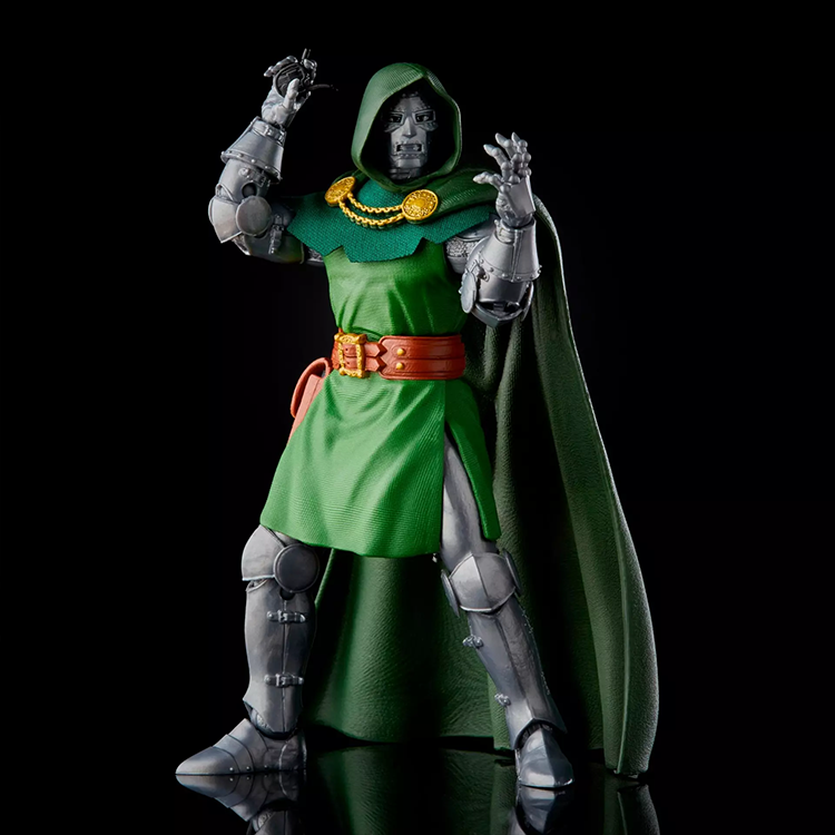 Hasbro Marvel Legends Dr. Doom action figure in vintage Fantastic Four style with green cloak and detailed armor