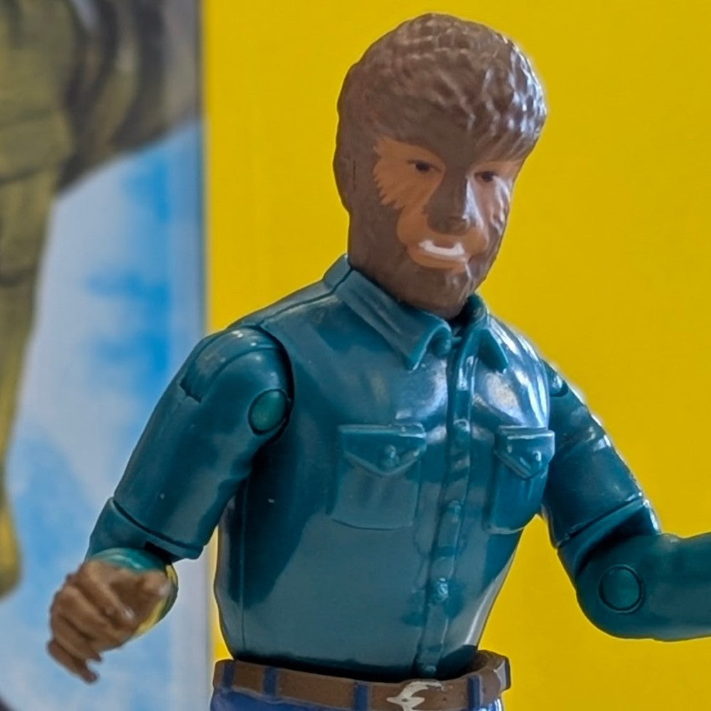 Universal Monsters Wolf Man 3 3/4-inch ReAction figure by Hasbro wearing blue shirt with yellow background