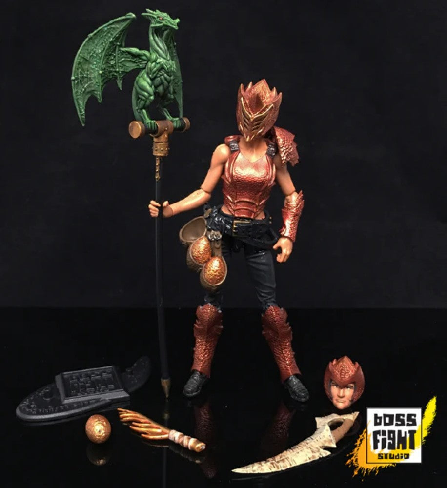 Action figure with armor and a green dragon on a dark background, featuring 'Boss Fight Studios' logo.