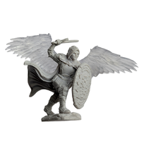 Unpainted fantasy warrior figure with transparent wings holding sword and shield in dynamic pose on white background