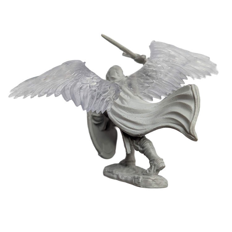 Unpainted winged warrior figurine with translucent wings, shield in left hand, sword raised in right hand, standing on base