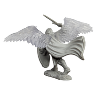 Unpainted winged warrior figurine with translucent wings, shield in left hand, sword raised in right hand, standing on base