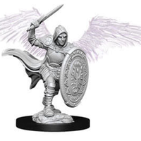 Gray knight figurine in armor holding sword and shield, with faint angelic wings in background on black base.