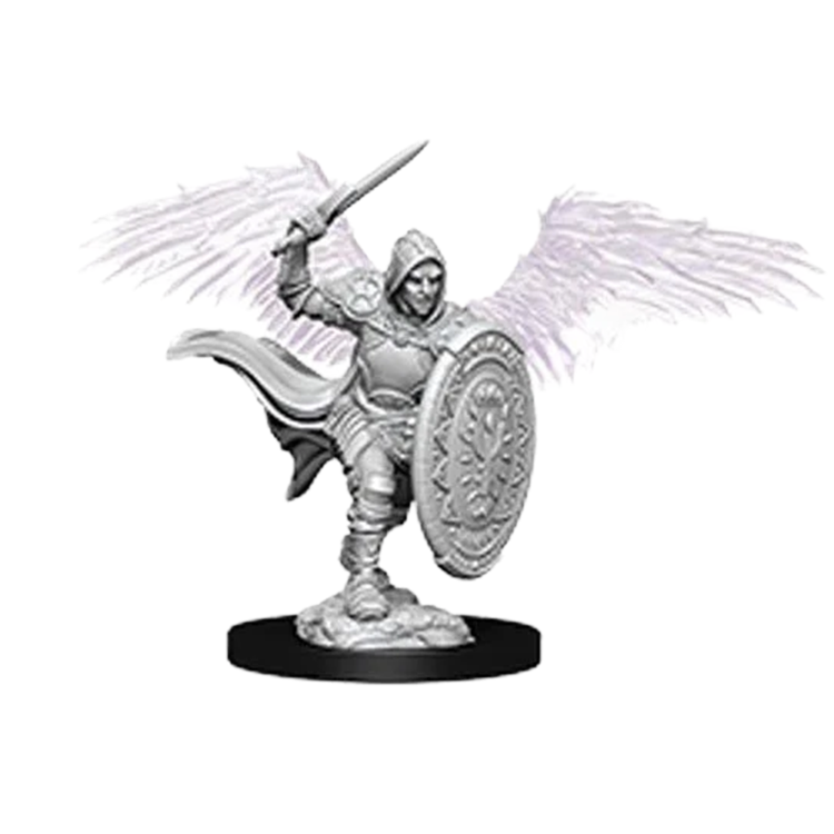 Unpainted miniature figure of a winged warrior holding a sword and shield in an action pose on a black base
