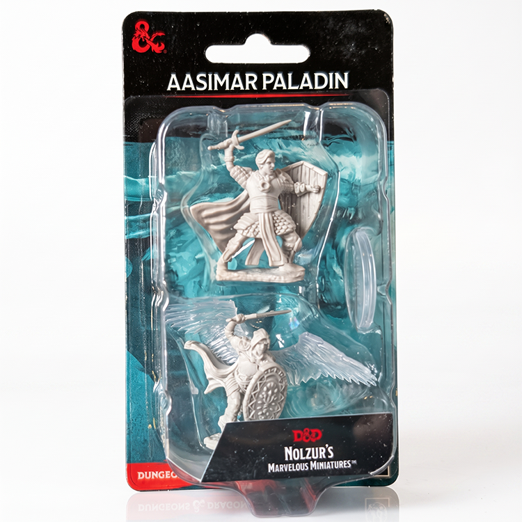 Dungeons & Dragons Aasimar Paladin miniature set with two unpainted figures in plastic blister packaging