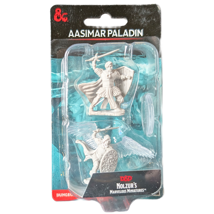 Unpainted Dungeons & Dragons Aasimar Paladin miniature figures in clear plastic blister pack with character art background.