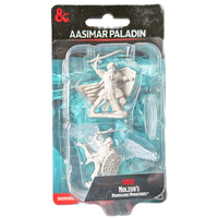 Unpainted Dungeons & Dragons Aasimar Paladin miniature figures in clear plastic blister pack with character art background.