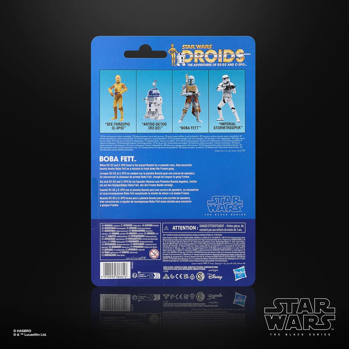 Back packaging of Star Wars The Black Series Droids Boba Fett 6-Inch Action Figure by Hasbro with character images and text.