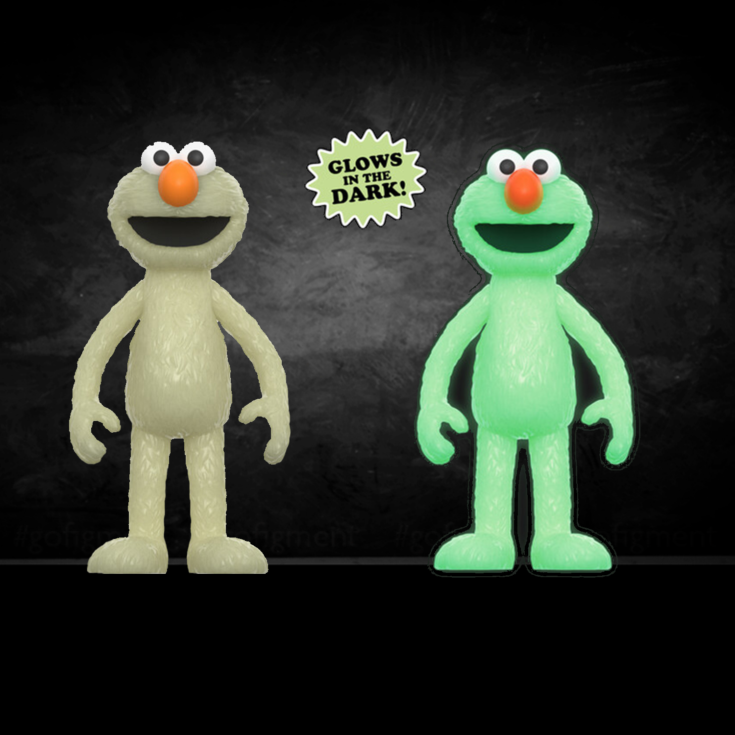 Elmo Glow ReAction Figure Exclusive – Sesame Street 3.75" Super7 Collectible showing glow-in-the-dark figure and regular figure side-by-side