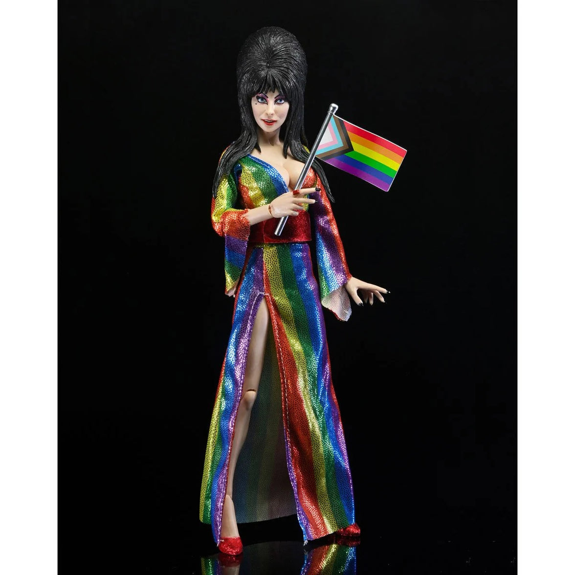 Elvira Over the Rainbow - Mistress of the Dark 8-Inch Clothed Action Figure by Neca in rainbow dress holding pride flag new in box