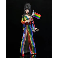 Elvira Over the Rainbow - Mistress of the Dark 8-Inch Clothed Action Figure by Neca in rainbow dress holding pride flag new in box