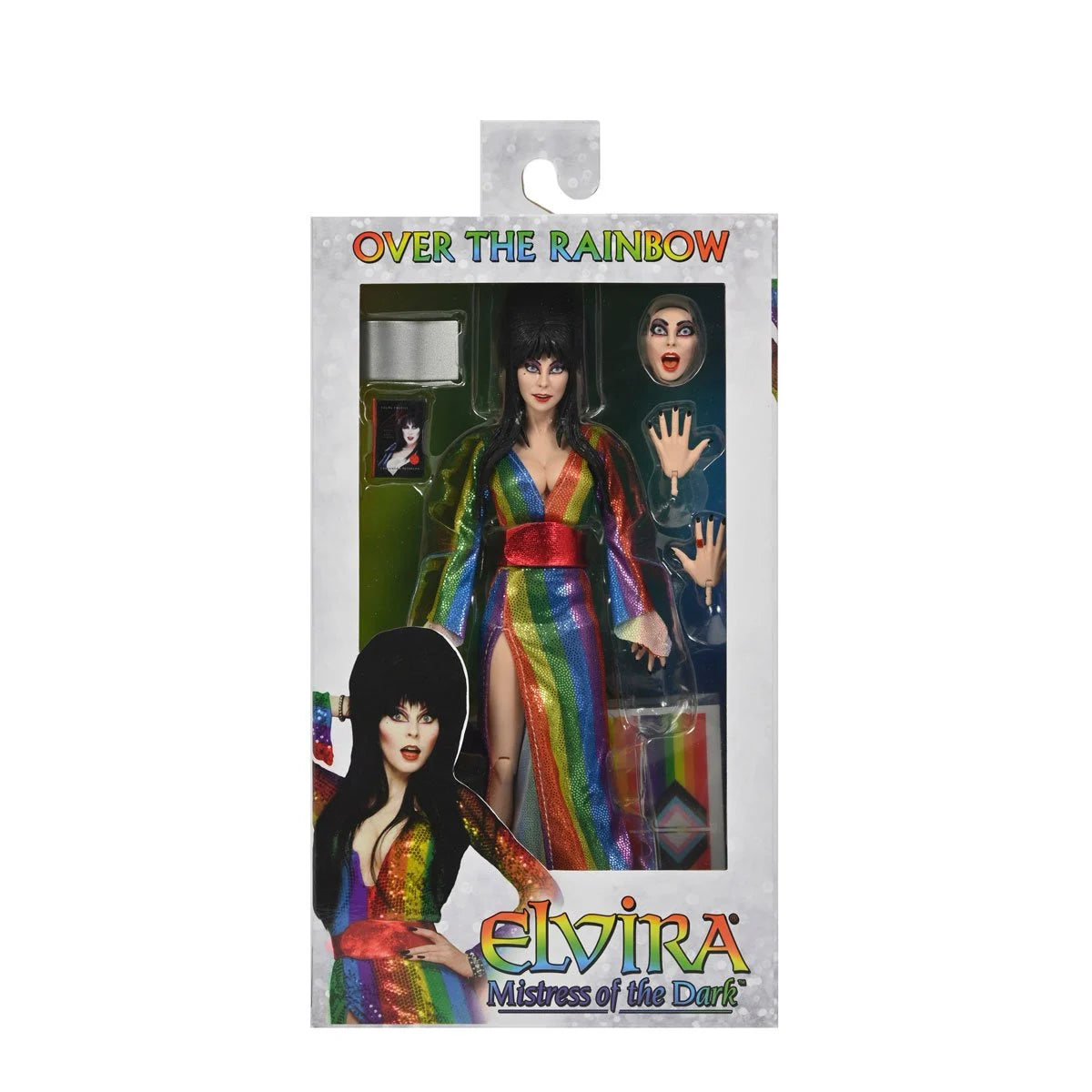 Elvira Over the Rainbow - Mistress of the Dark 8-Inch Clothed Action Figure by Neca in rainbow dress with extra hands and face new in box