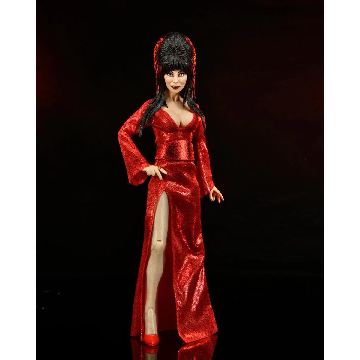 Elvira Red, Fright, and Boo - Mistress of the Dark 8-Inch Clothed Figure by Neca in shimmering red gown collectible