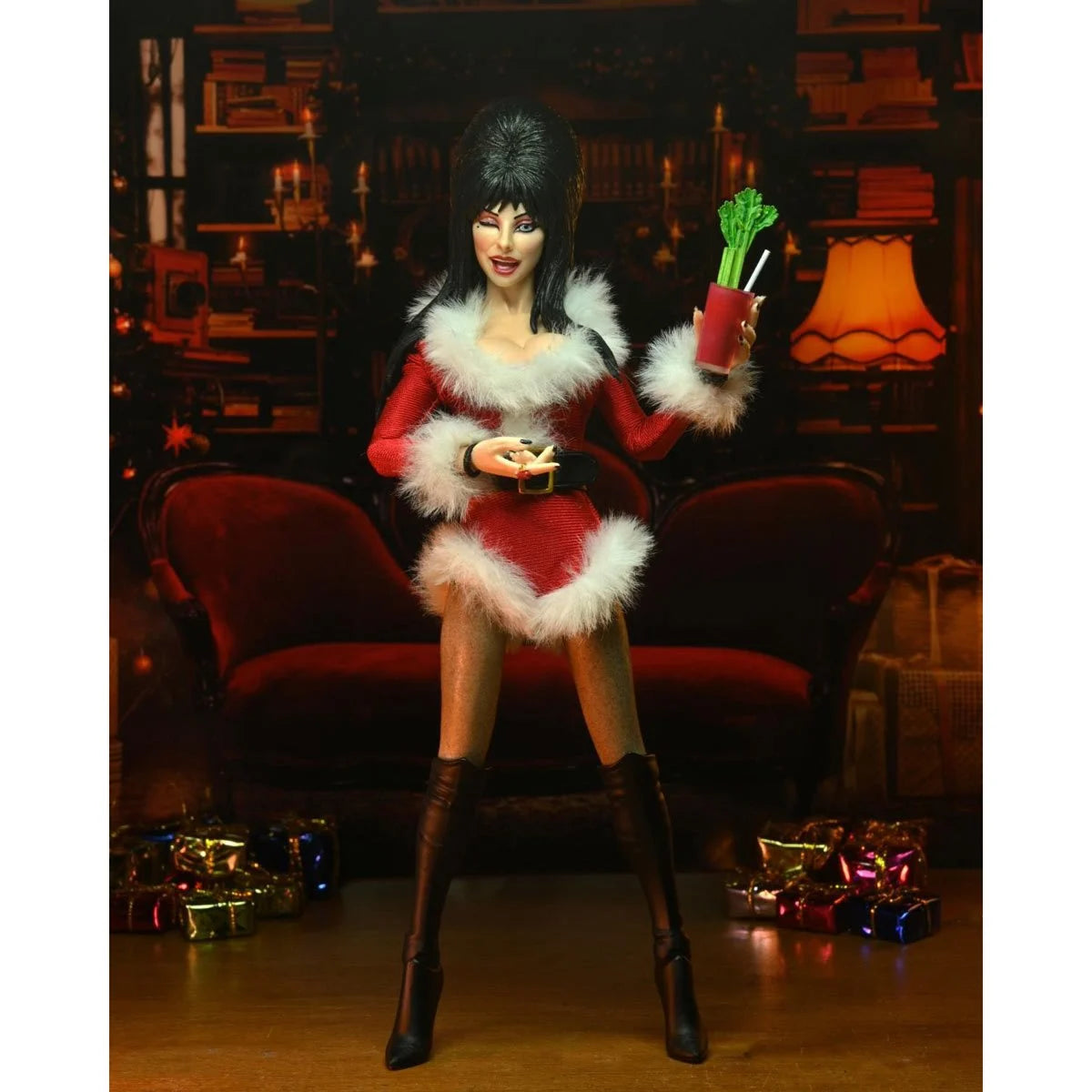Elvira Very Scary Christmas - Mistress of the Dark 8-Inch Clothed Action Figure by Neca in festive outfit holding holiday drink new in box