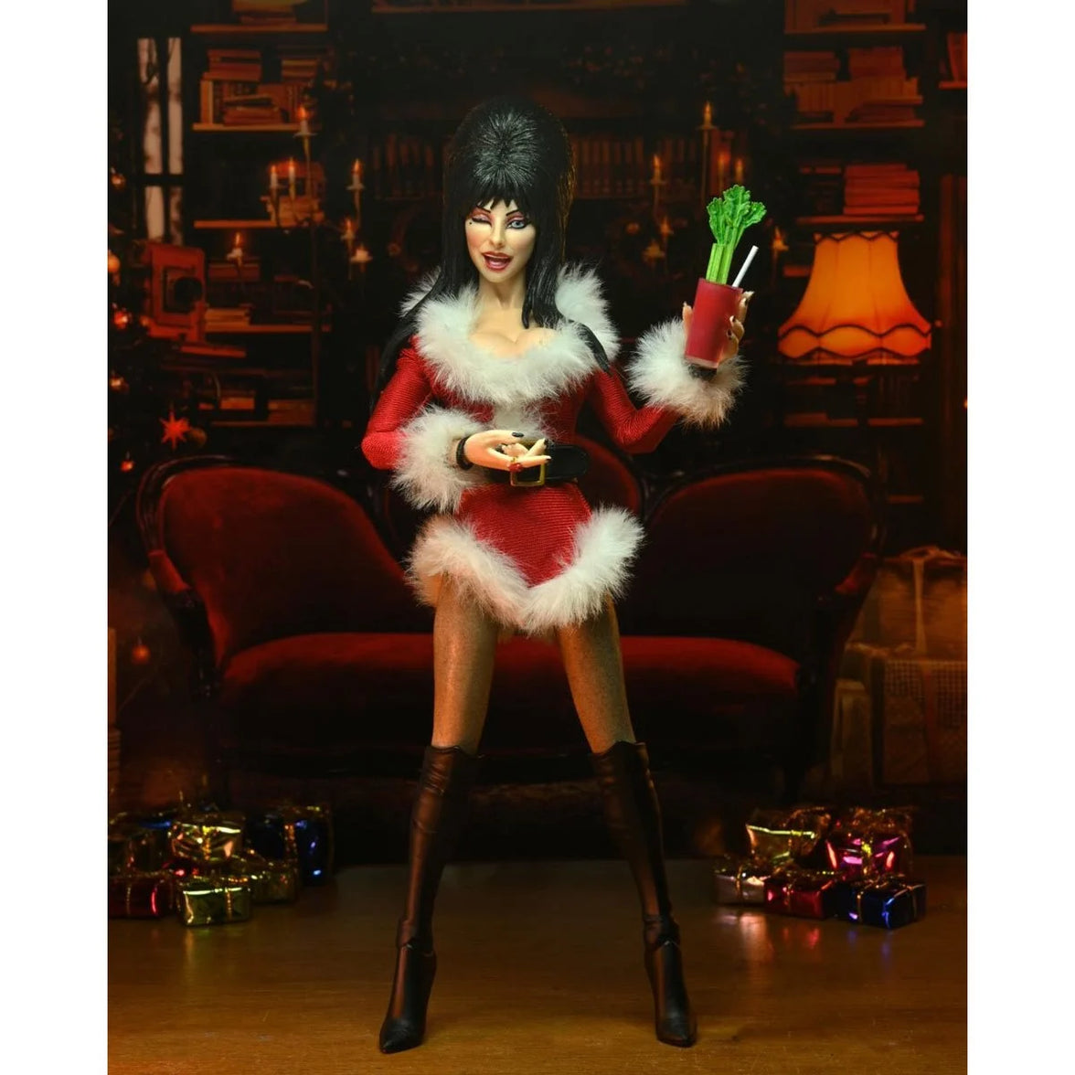 Elvira Very Scary Christmas - Mistress of the Dark 8-Inch Clothed Action Figure by Neca in festive outfit holding holiday drink new in box