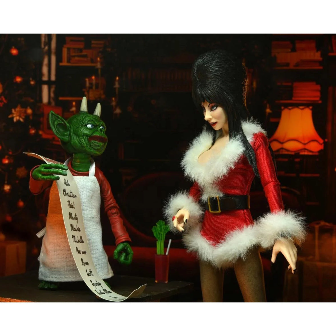 Elvira Very Scary Christmas - Mistress of the Dark 8-Inch Clothed Action Figure by Neca with green demon cook figure new in box