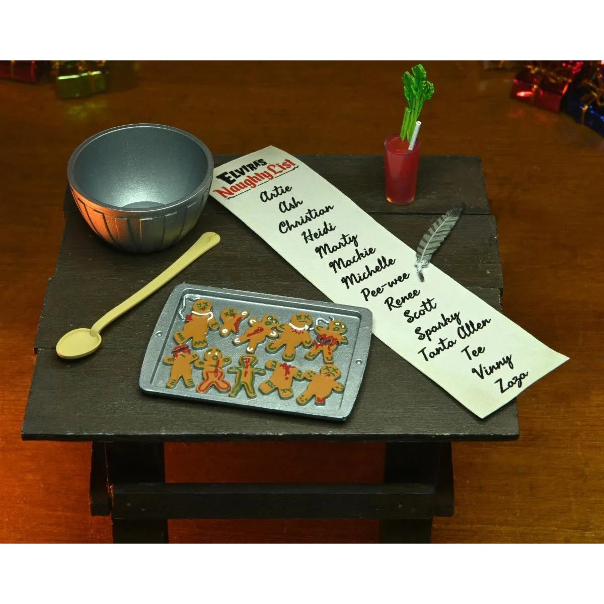 Elvira Very Scary Christmas - Mistress of the Dark 8-Inch Clothed Action Figure baking set with cookies, bowl, and naughty list by Neca
