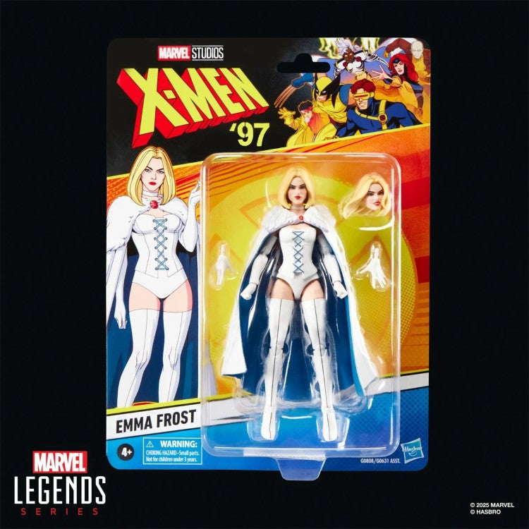 Hasbro Marvel Legends 6-inch Emma Frost action figure from X-Men 97 with alternate head and hands accessories