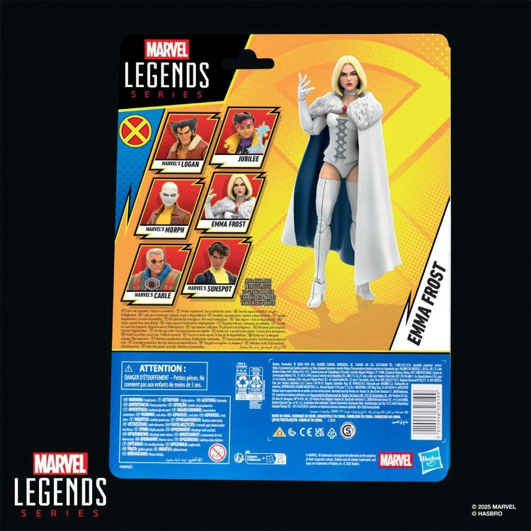 Hasbro Marvel Legends Emma Frost X-Men 97 action figure in detailed white costume with cape and alternate accessories
