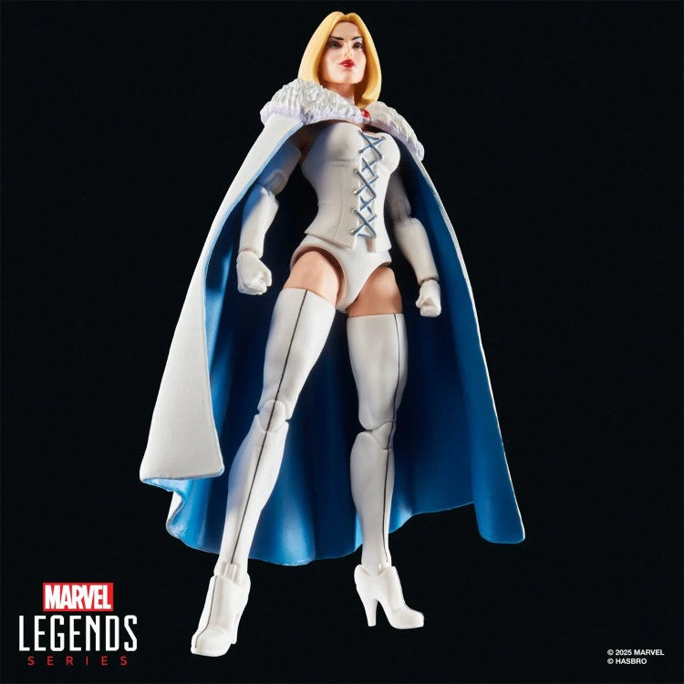 Hasbro Marvel Legends Emma Frost X-Men 97 action figure in white outfit with cape and boots on black background
