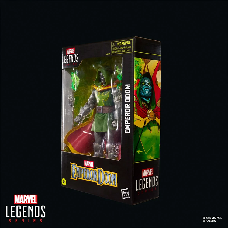 Marvel Legends Emperor Doom 6-inch action figure in original Hasbro packaging displayed on black background