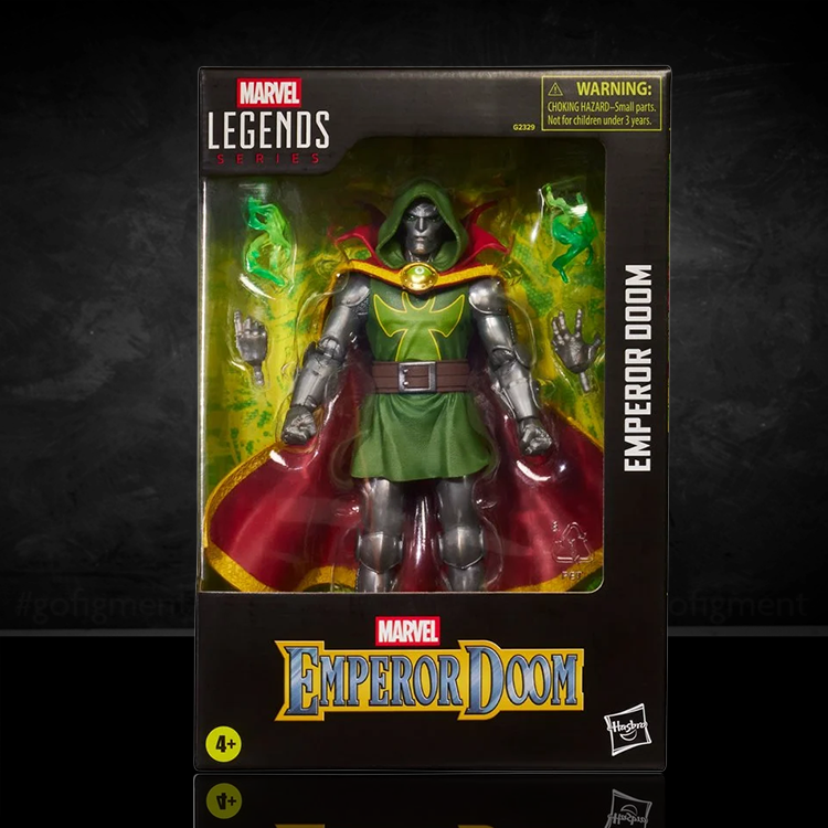 Marvel Legends Emperor Doom 6-inch action figure in original Hasbro packaging with green and red costume on display