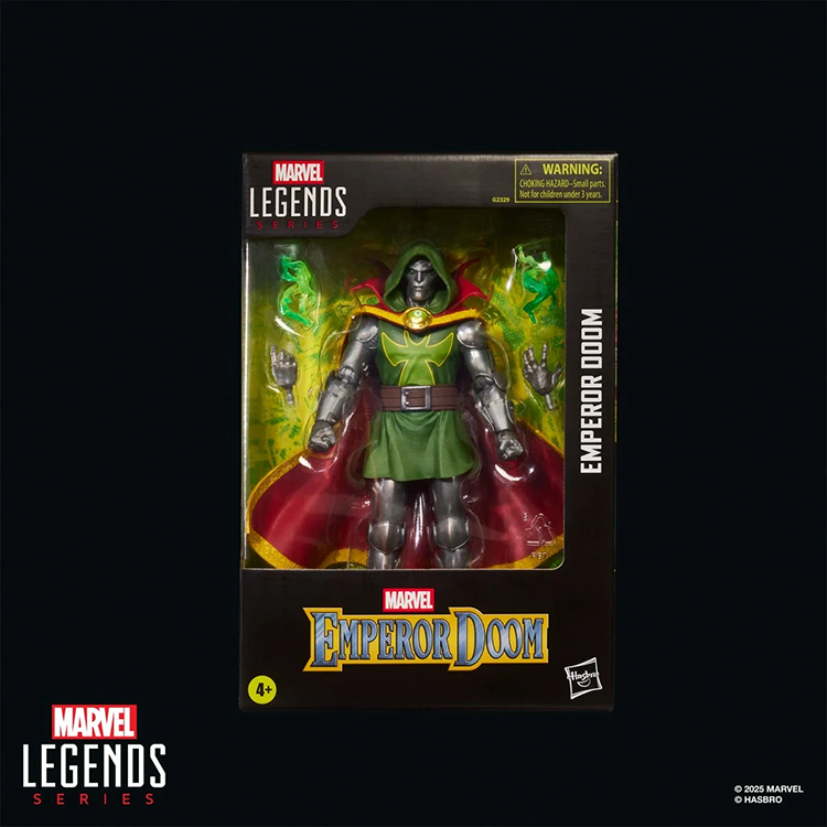Marvel Legends Emperor Doom 6-inch action figure in original Hasbro packaging on black background