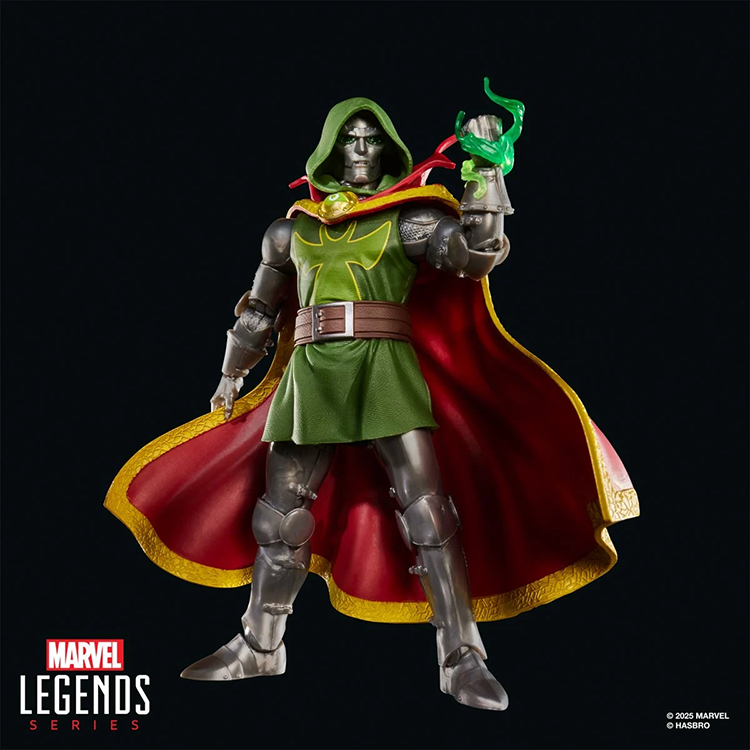 Marvel Legends Emperor Doom 6-inch action figure by Hasbro with green hooded cape and glowing green energy effect