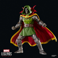Marvel Legends 6-inch Emperor Doom action figure by Hasbro wearing green armor and red cape on black background