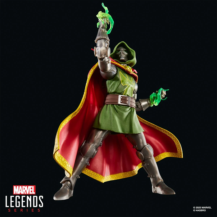 Marvel Legends Emperor Doom 6-inch action figure with green hood and red cape by Hasbro on black background